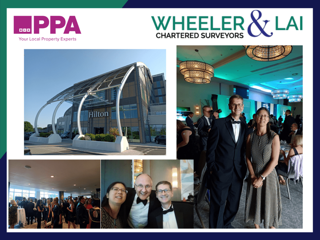 Selection of photos, the exterior front of the Hilton at the Ageas Bowl, the reception drinks with guests in the room, selfie with iain and ian and sau, and then sau and IAIN in formal attire, with the ballroom and guests in background.